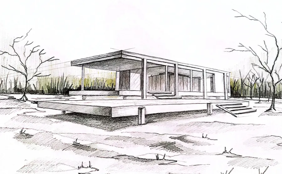 Pavilion în peisaj — Perspectivă cu vegetație