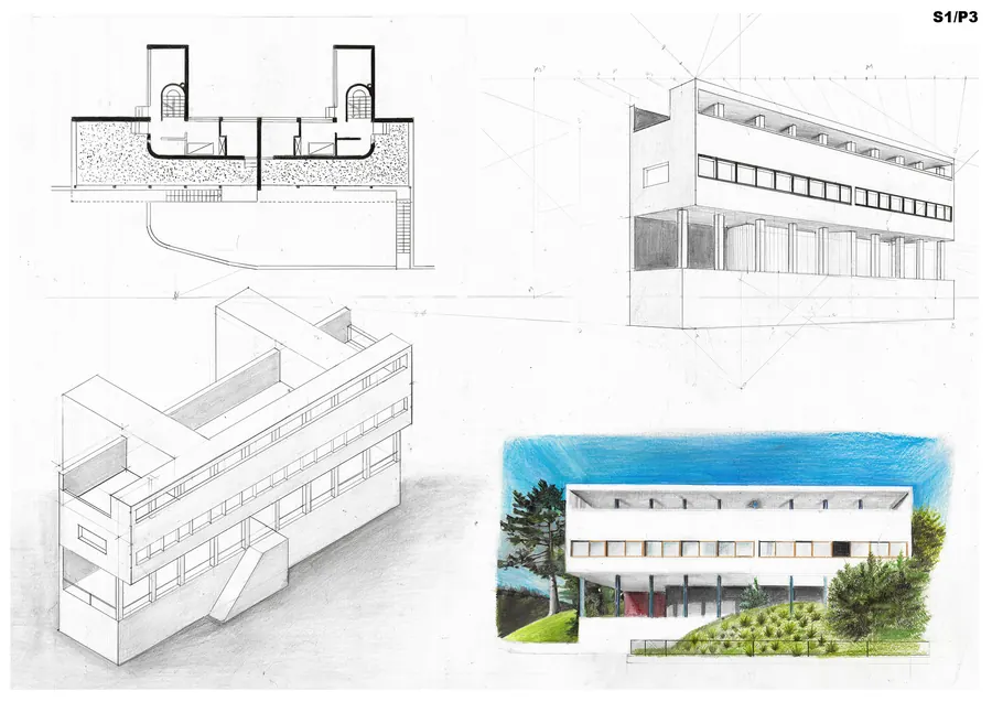 Volum modernist pe piloți — Seria 1 · Planșa 3 — secțiune, axonometrie, perspectivă