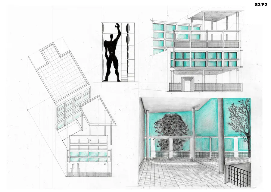 Studiu Le Corbusier — Seria 3 · Planșa 2 — Modulor, fațadă, interior