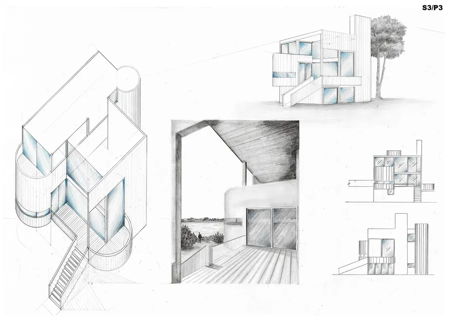 Casă modernistă — Seria 3 · Planșa 3 — axonometrie și perspective