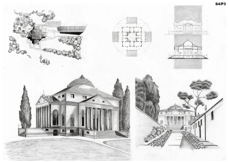 Villa Rotonda — Seria 4 · Planșa 3 — plan, secțiune, perspectivă